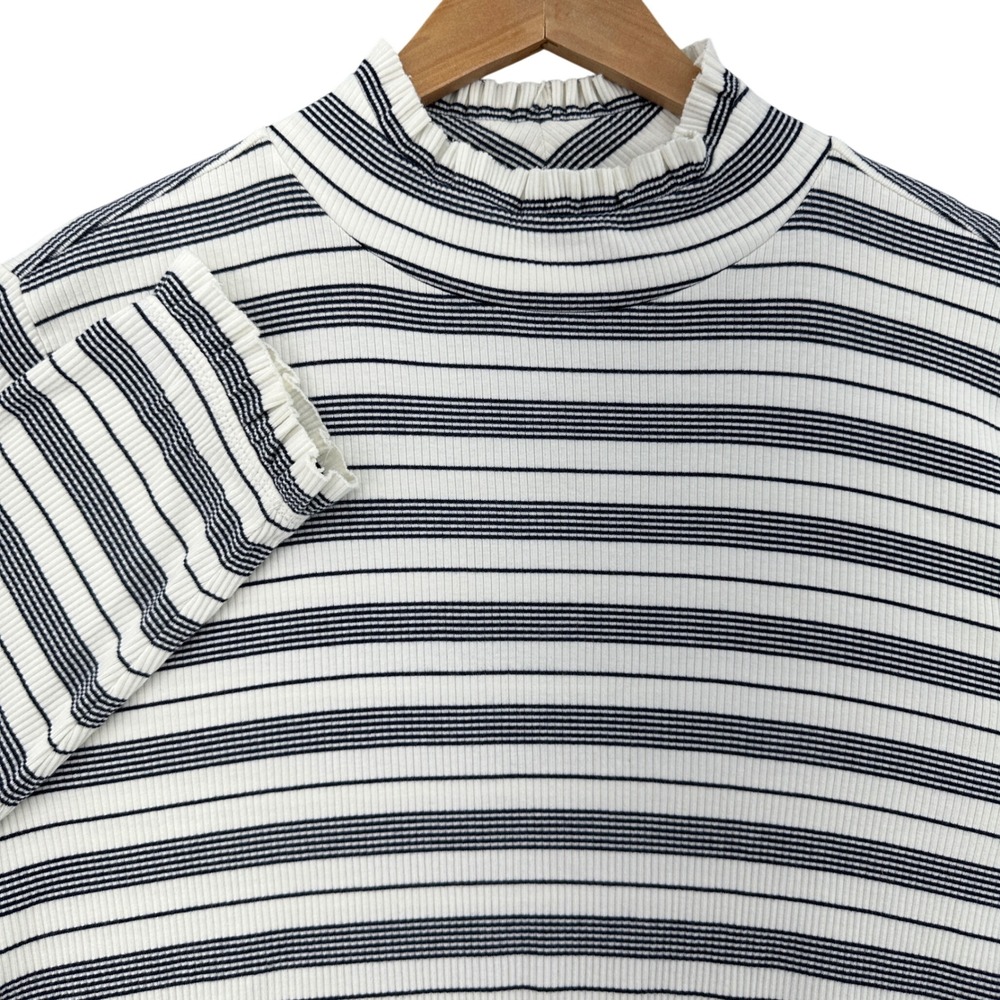 J.Crew‎ Re-Imagined 3X Mock Neck Ruffle Ribbed Striped Top Navy White Coastal